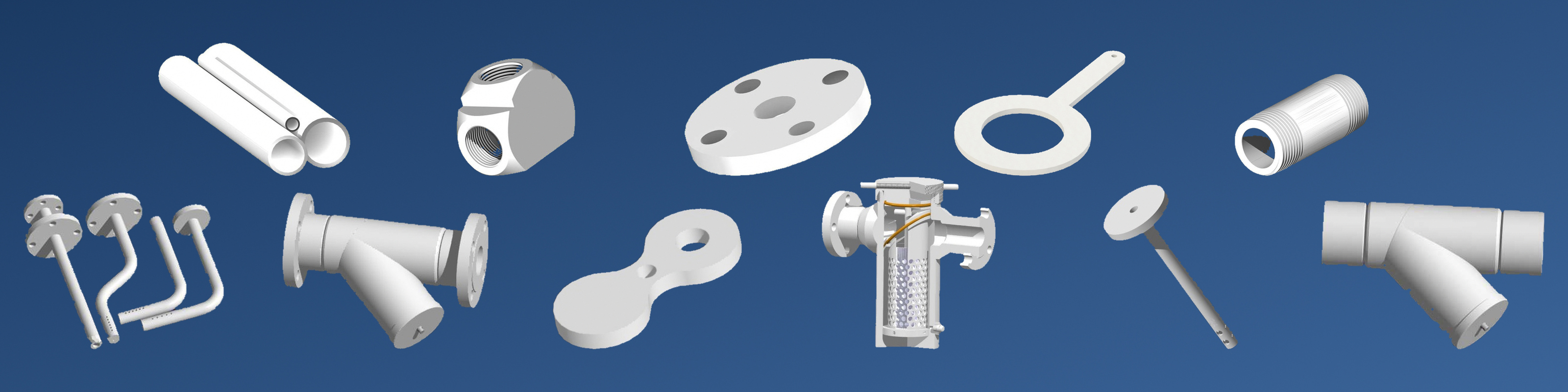 PTFE dip pipes and spargers, Y and basket strainers, a spectacle blind and an injection quill