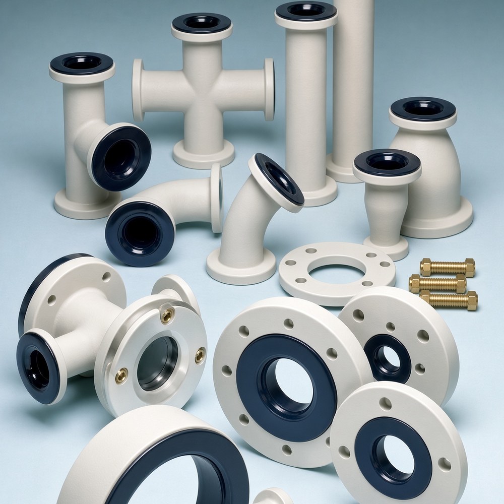 Glass lined steel pipe, tees, crosses, elbows, reducers, reducing and blind flanges and a sight flow indicator