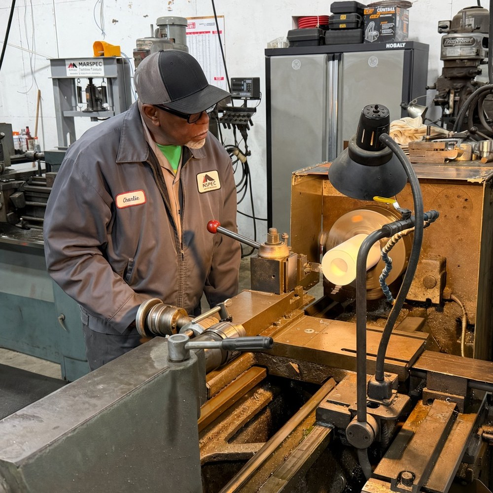 Machinist turning a solid PTFE part on an engine lathe in the Marspec shop