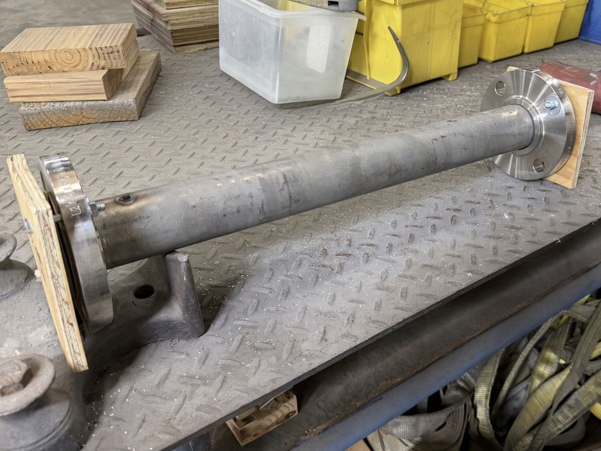 A flanged lined pipe spool on the fabrication table